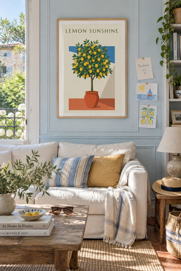 Affiche citronnier en pot sur une terrasse ensoleillée d'Italie : encadrée au mur