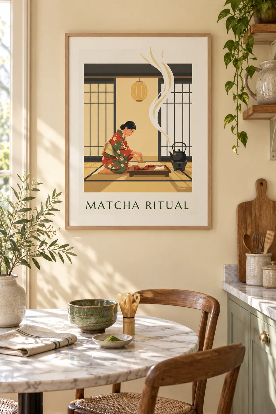 Plakat z ceremonią herbaty i miseczką matchy w Japonii: w ramie na ścianie