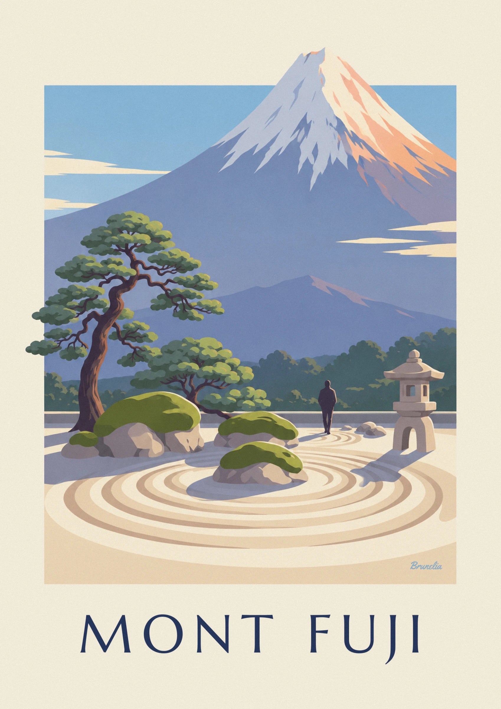Les flancs enneigés du mont Fuji, entre ombres bleutées et lumière rosée