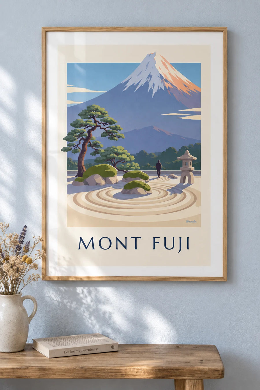Affiche jardin zen japonais face au mont Fuji : encadrée au mur