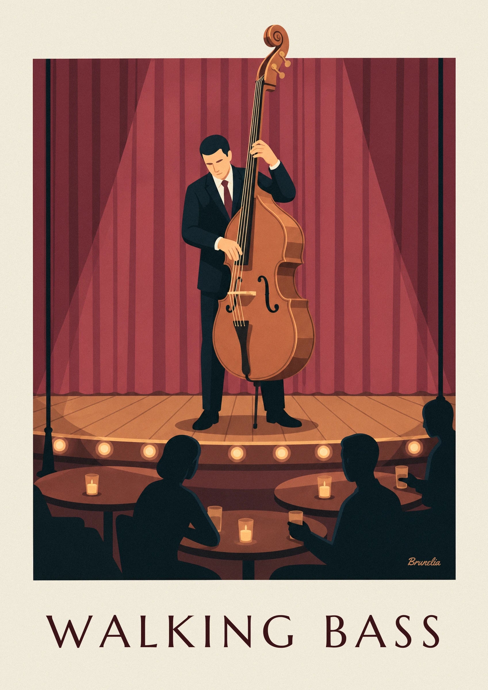 The double bass player in a dark suit and burgundy tie, in front of the red curtain