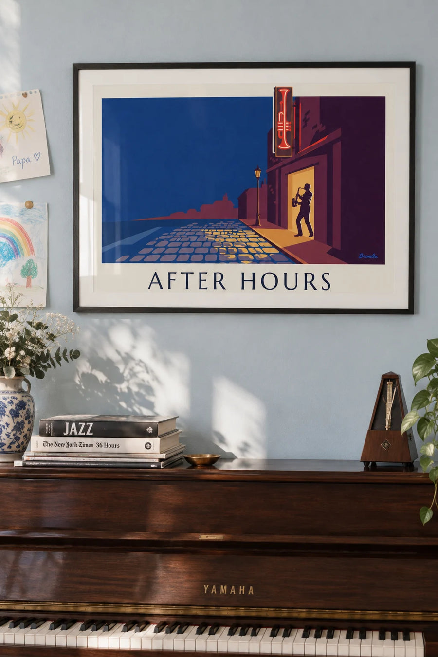 Neon sign poster of a jazz club at night: framed on the wall