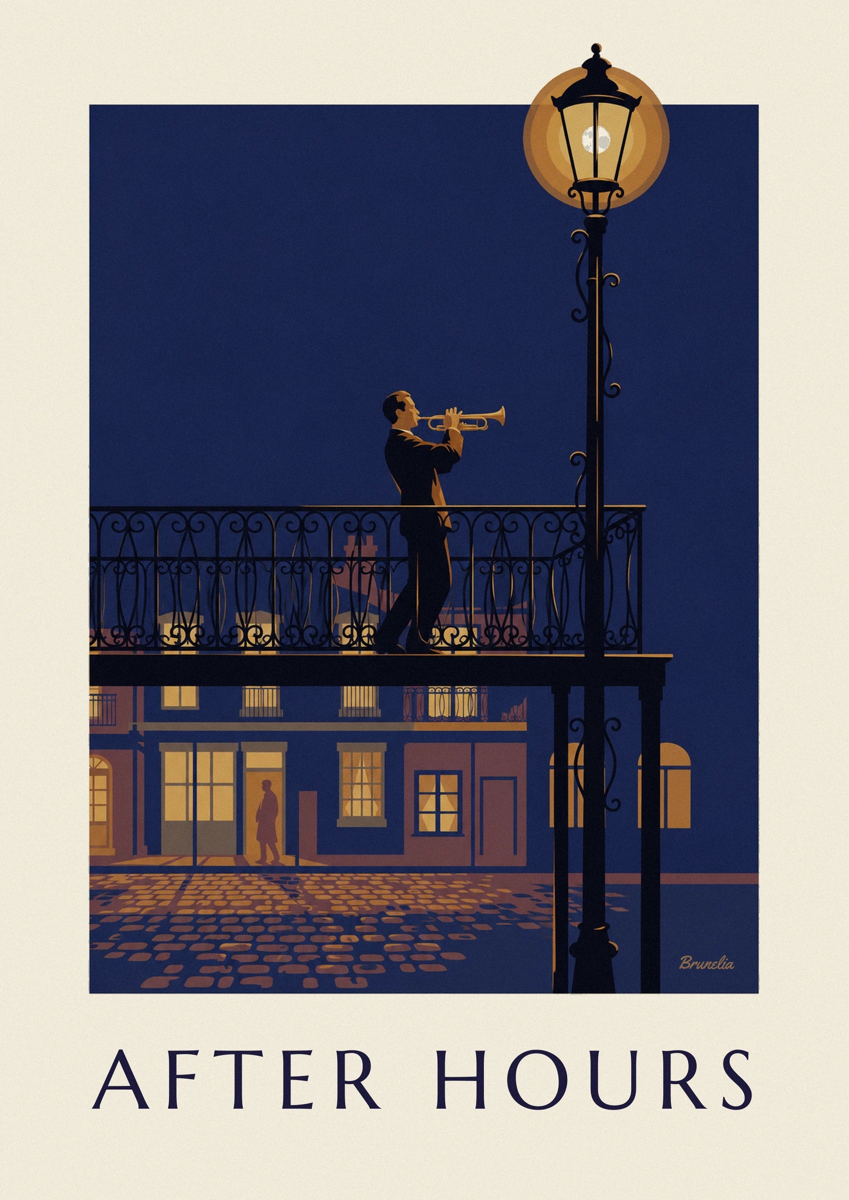 Le trompettiste en costume sombre jouant sur son balcon en fer forgé, sous le ciel bleu nuit