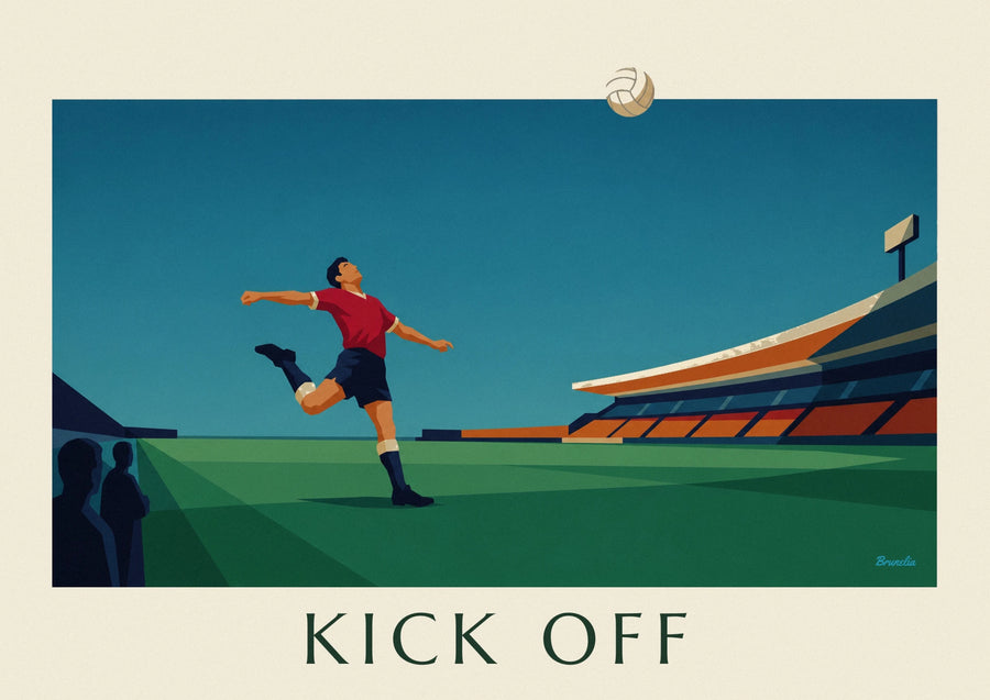 Affiche joueur de football frappant le ballon dans un stade