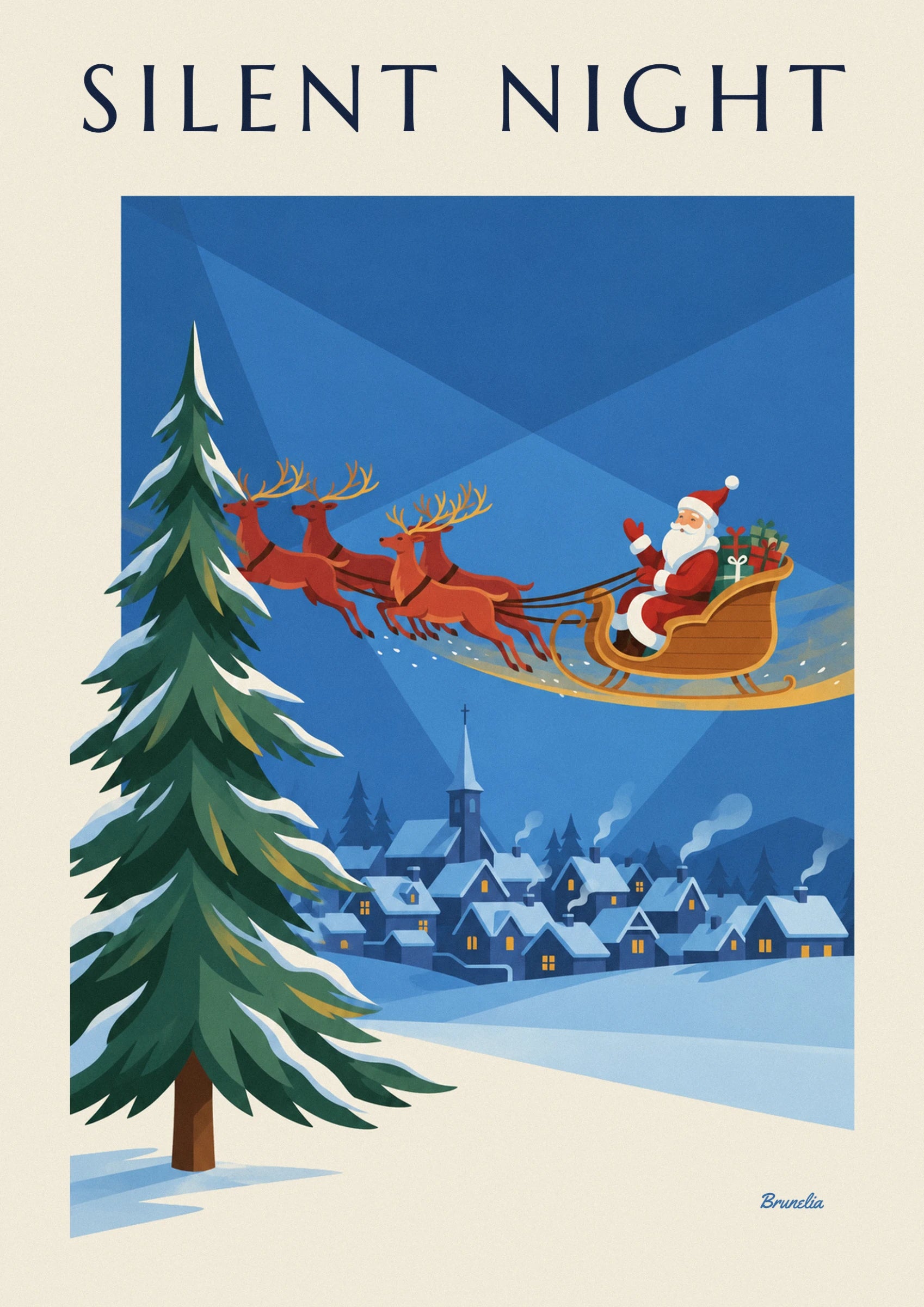 Father Christmas in his red suit waving from his golden sleigh full of presents