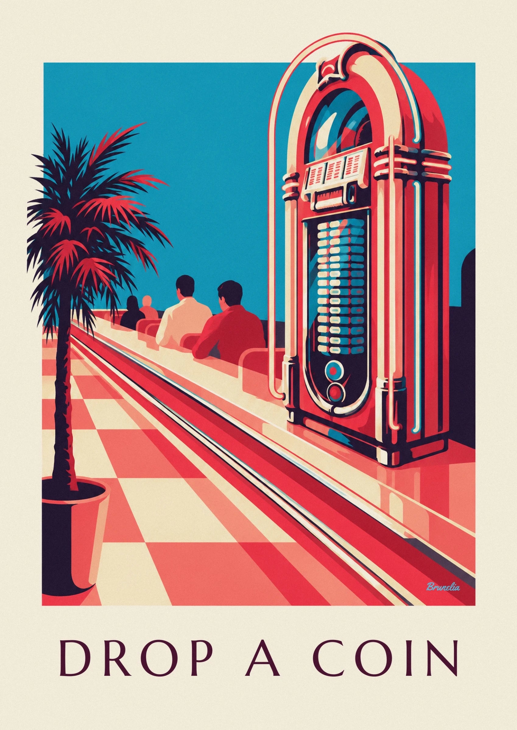 Le jukebox rouge et crème, ses touches turquoise et ses courbes lumineuses