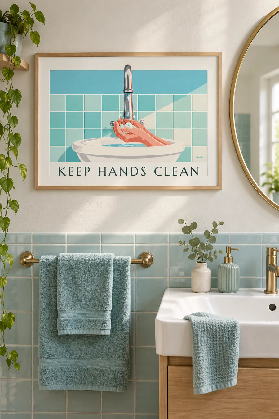 Affiche Keep hands clean pour le lavage des mains : encadrée au mur