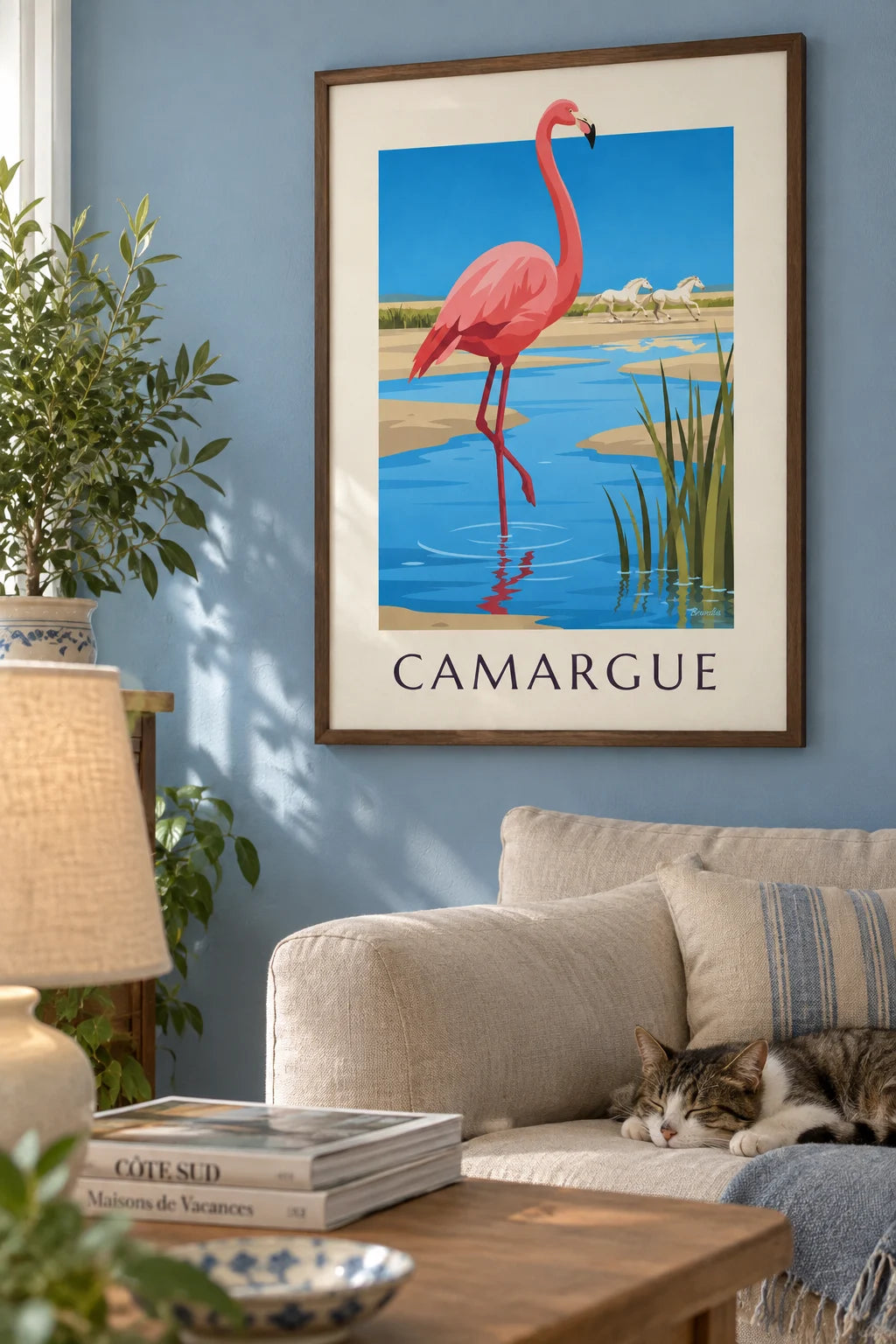Mise en situation de Affiche flamant rose et chevaux sauvages de Camargue