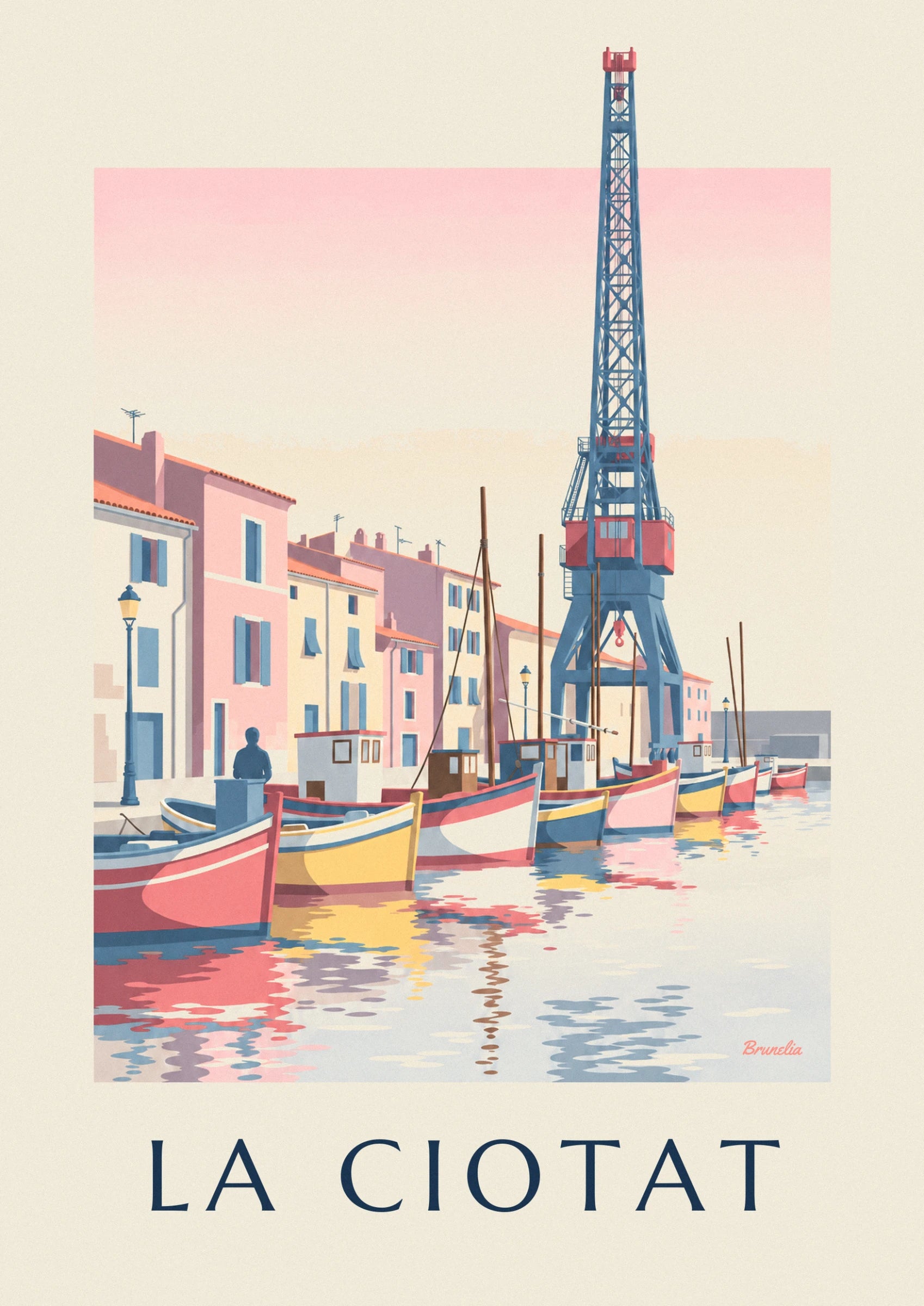 The large blue crane with a red cab at the shipyard, between masts and pink façades