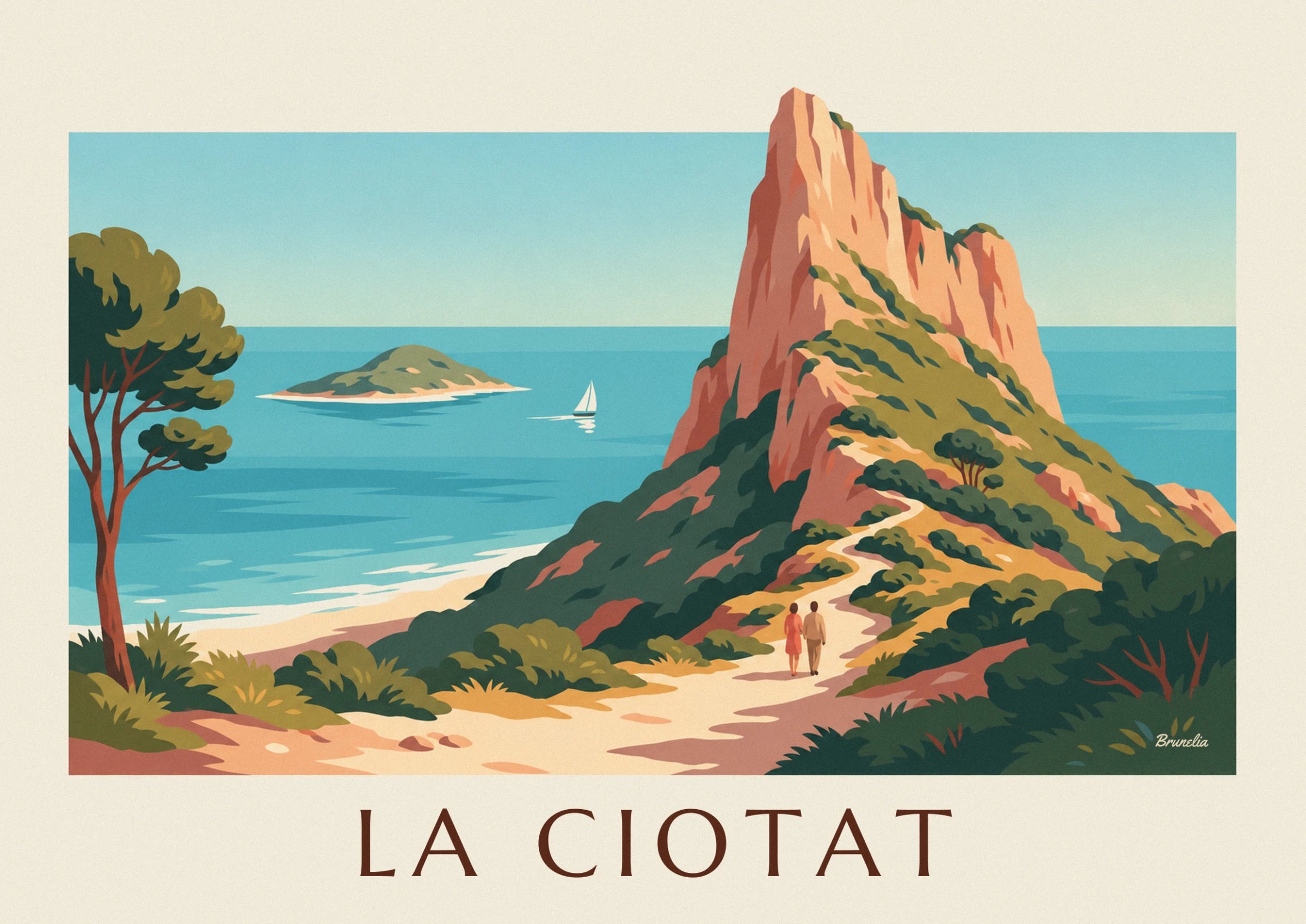 The pink cliff of Bec de l'Aigle and its winding path through the pines