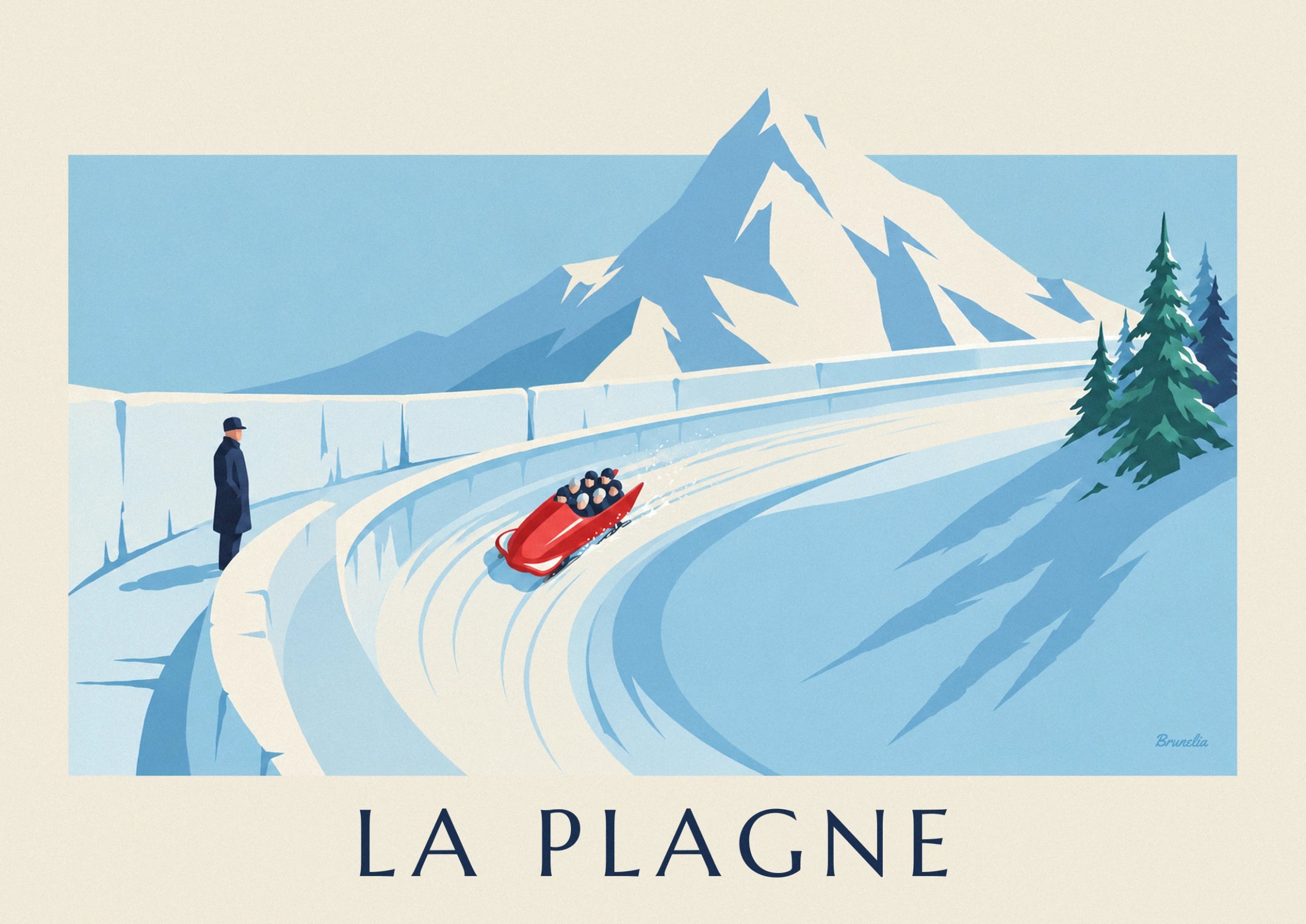 The red bobsleigh racing round the bend, its helmeted crew leaning into the spray of ice