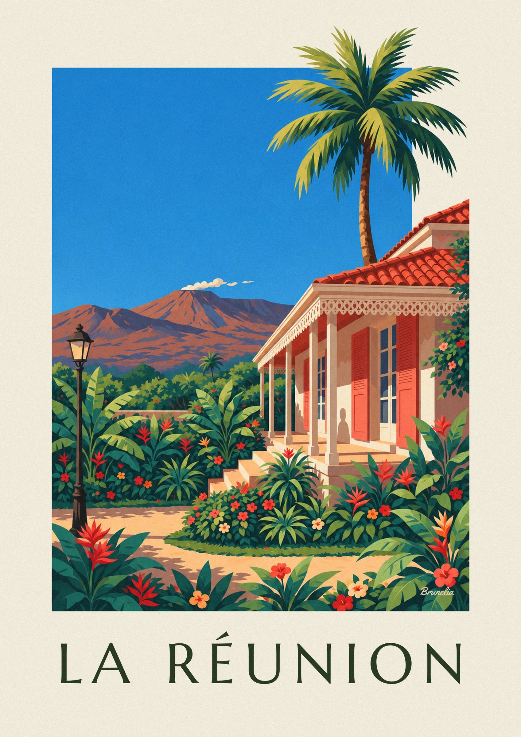 Affiche case créole et Piton de la Fournaise à La Réunion: zbliżenie szczegółu