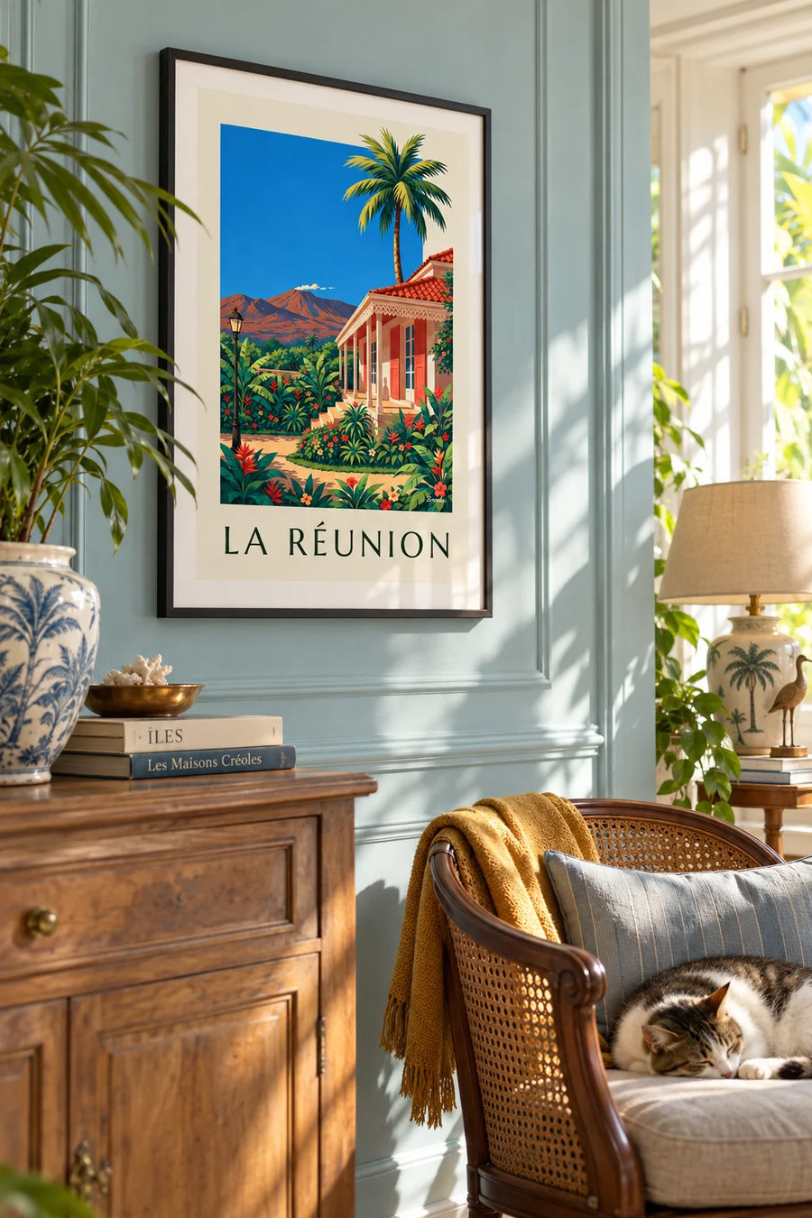 Plakat kreolska chata i Piton de la Fournaise na Reunion: w ramie na ścianie