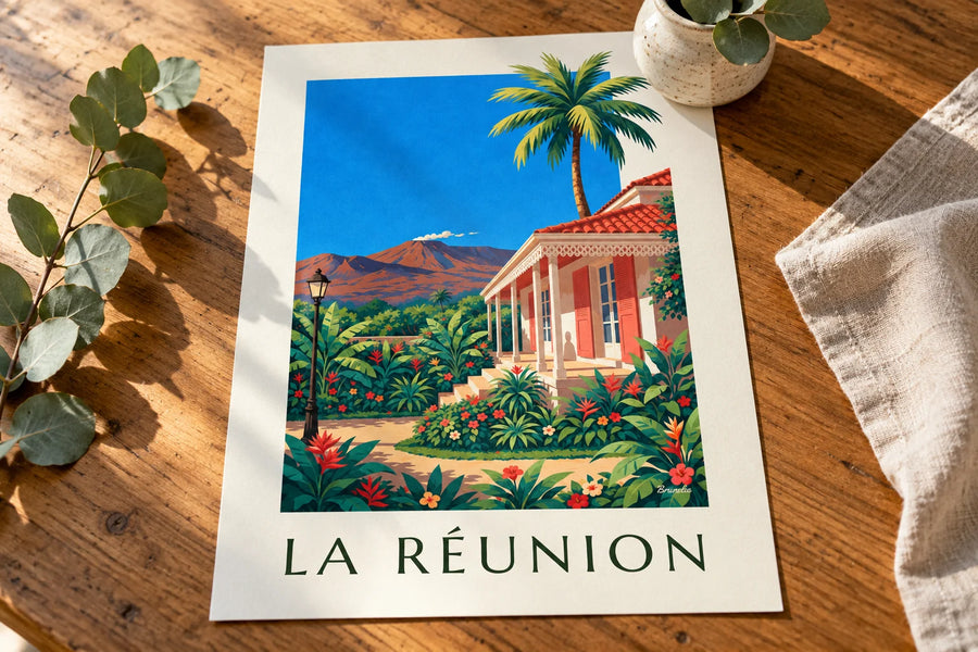 Plakat z kreolską chatą i Piton de la Fournaise na Reunion: na stole