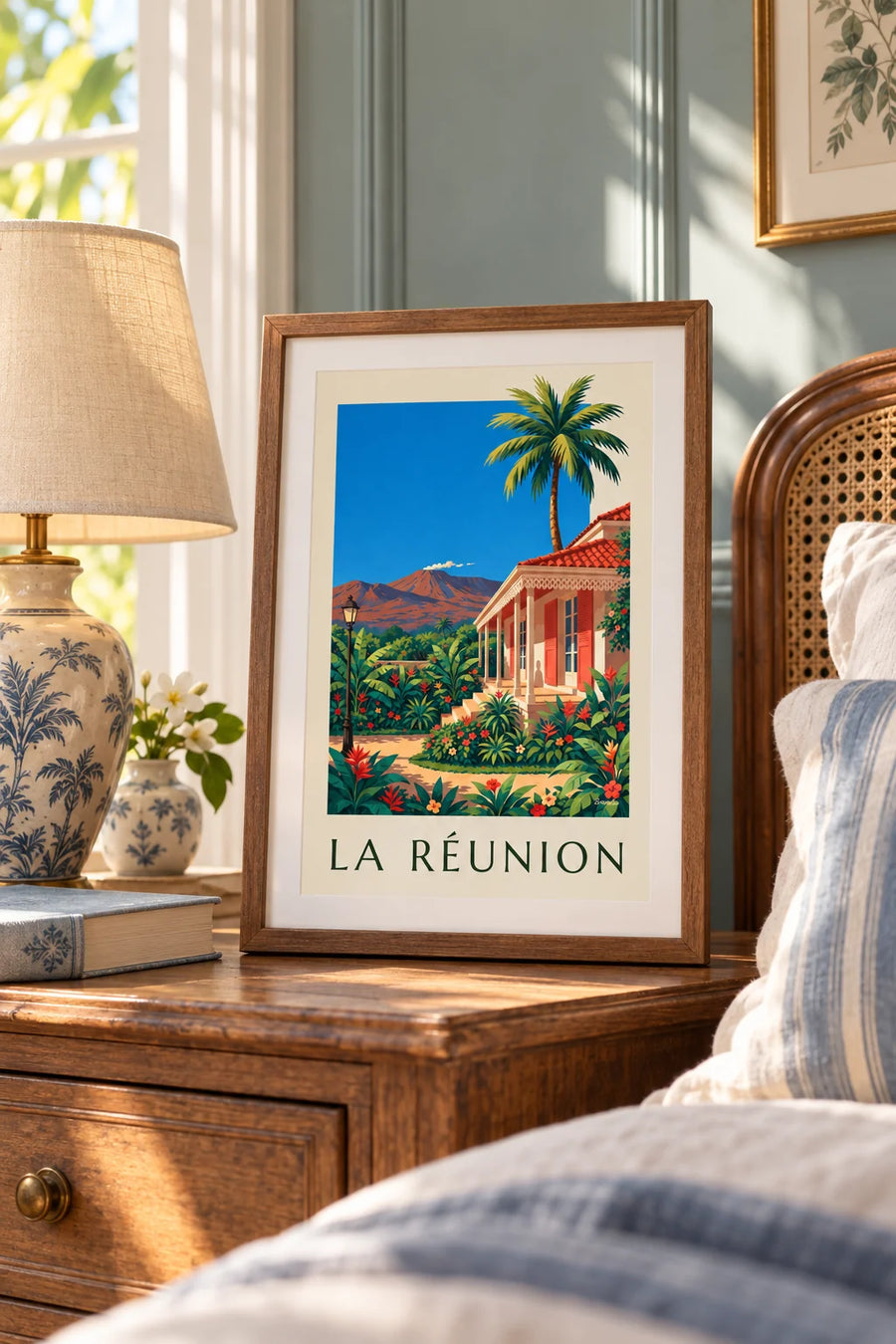 Plakat z kreolską chatą i wulkanem Piton de la Fournaise na Reunion: mały format A4 w ramce