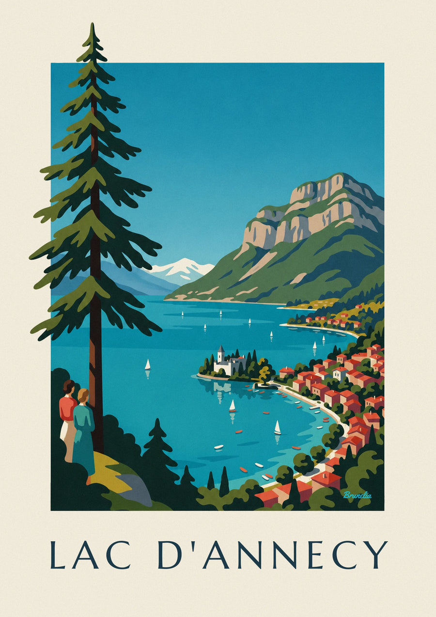 Plakat jezioro Annecy w Alpach, żaglówki i Tournette