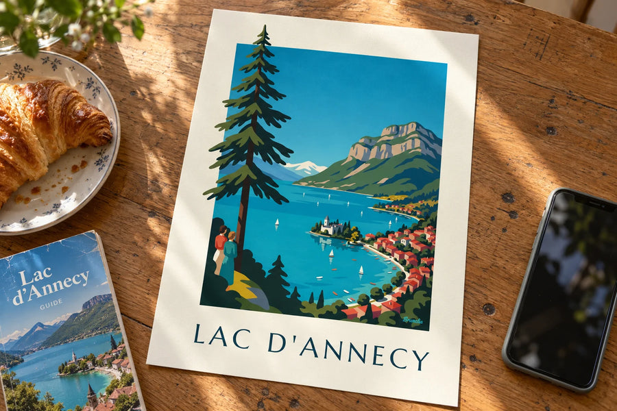 Plakat z jeziorem Annecy w Alpach, żaglówkami i szczytem Tournette: na stole