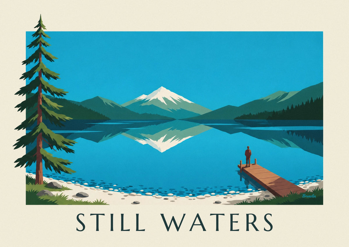 Mountain lake, fir forests and wooden jetty poster