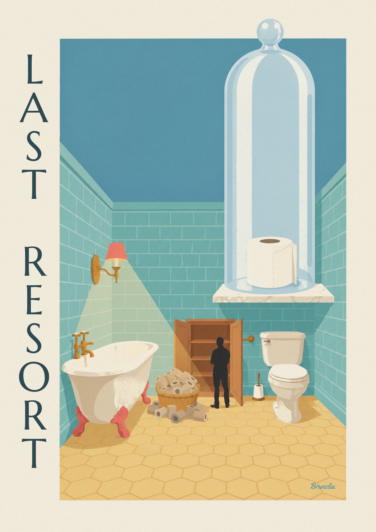 Last toilet paper roll under a glass cloche poster