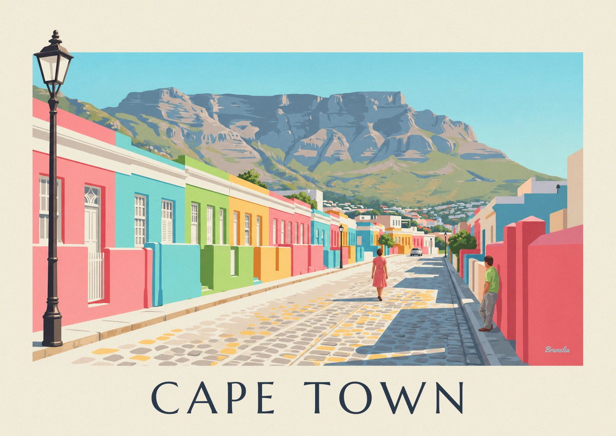 Colorful Bo-Kaap houses in Cape Town and Table Mountain poster
