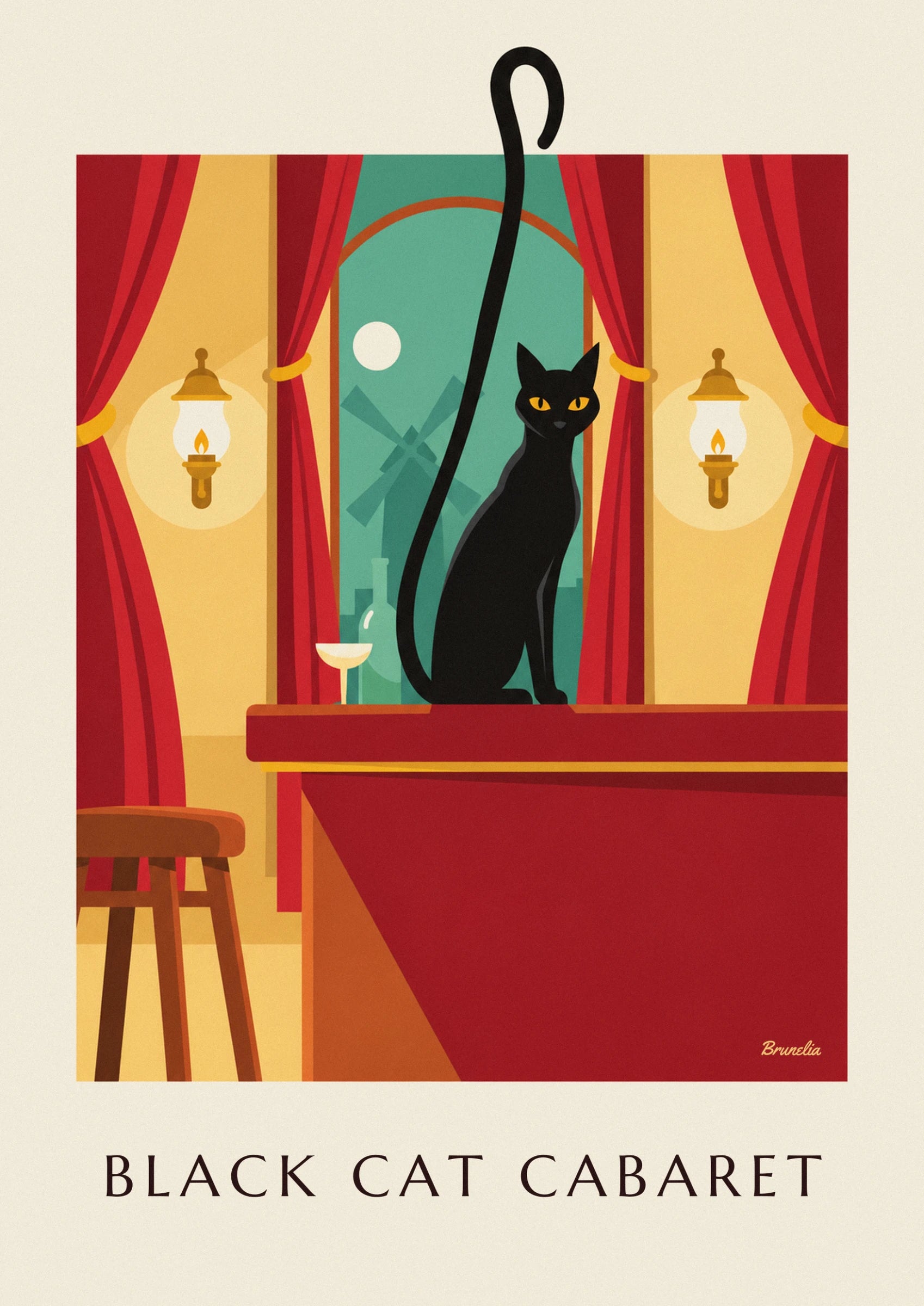 Le chat noir aux yeux jaunes assis près du rideau rouge, moulin vert derrière