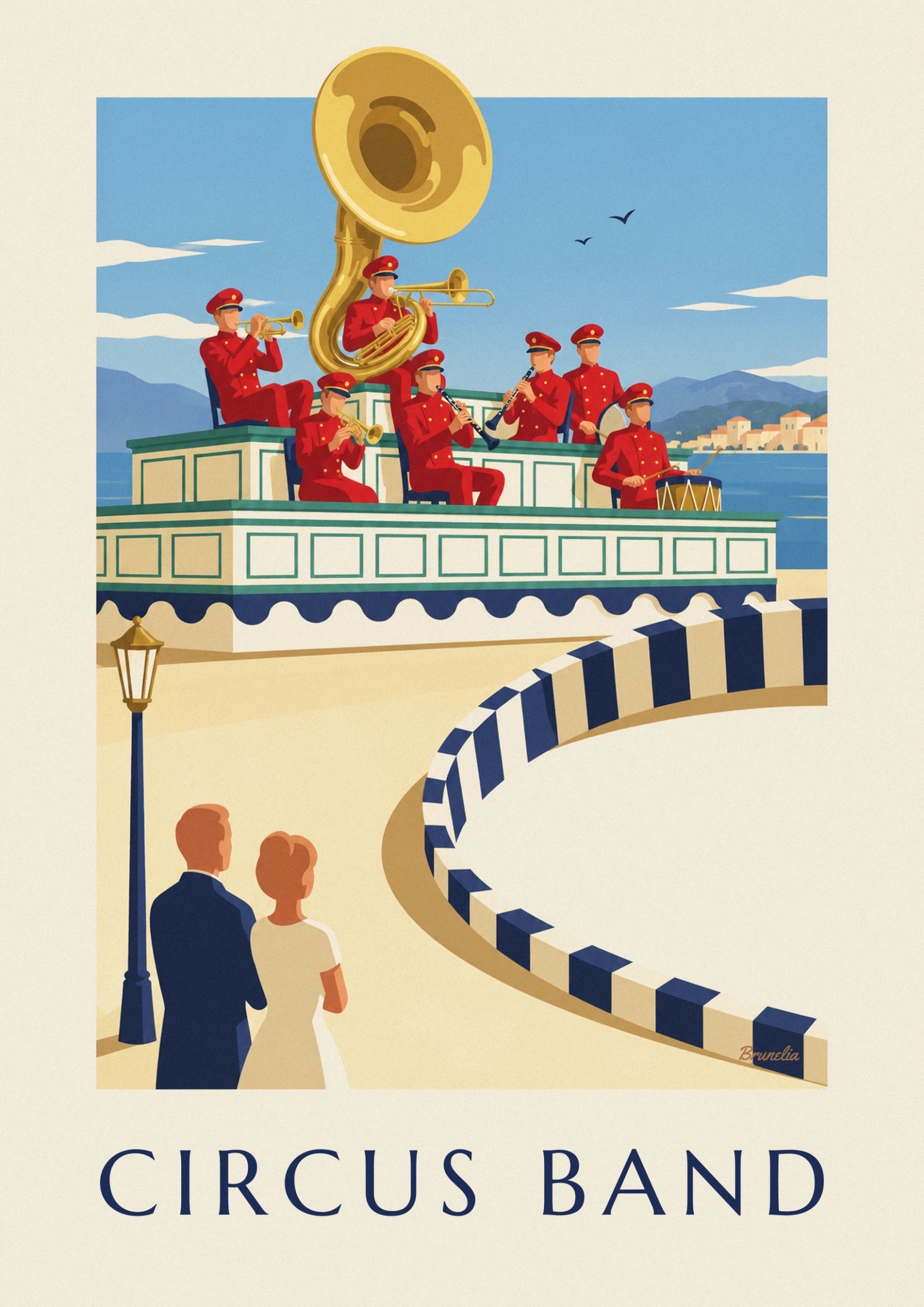 Affiche orchestre du cirque jouant sur son estrade décorée : détail en gros plan