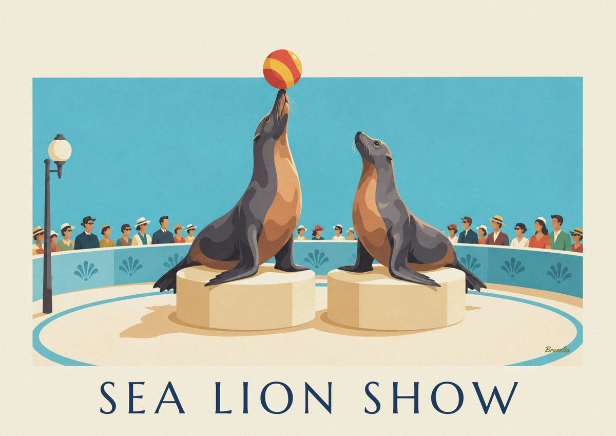 Affiche otaries jonglant avec des ballons sur la piste du cirque
