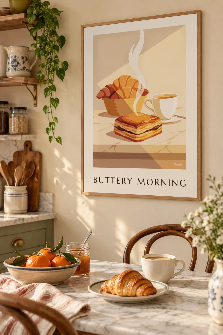 Plakat z pain au chocolat, francuską słodką bułką: w ramce na ścianie