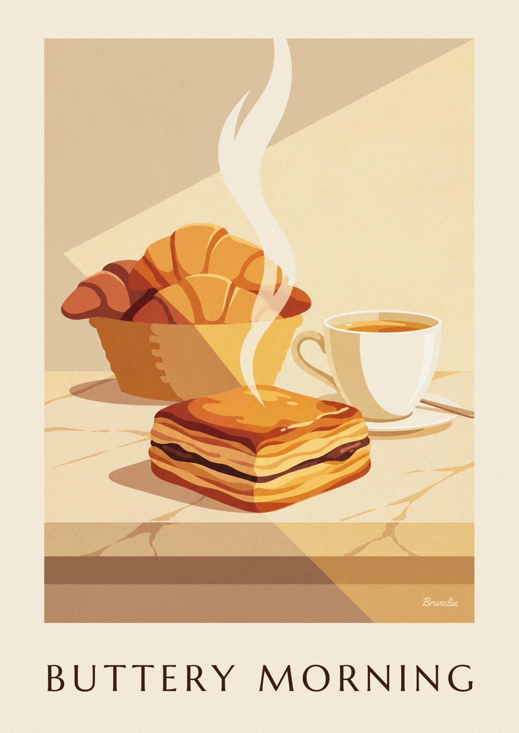Un pain au chocolat doré aux couches feuilletées, près d’une tasse fumante