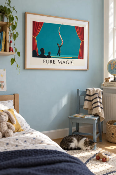 Poster of a magician in a top hat performing a card trick on stage: framed on the wall