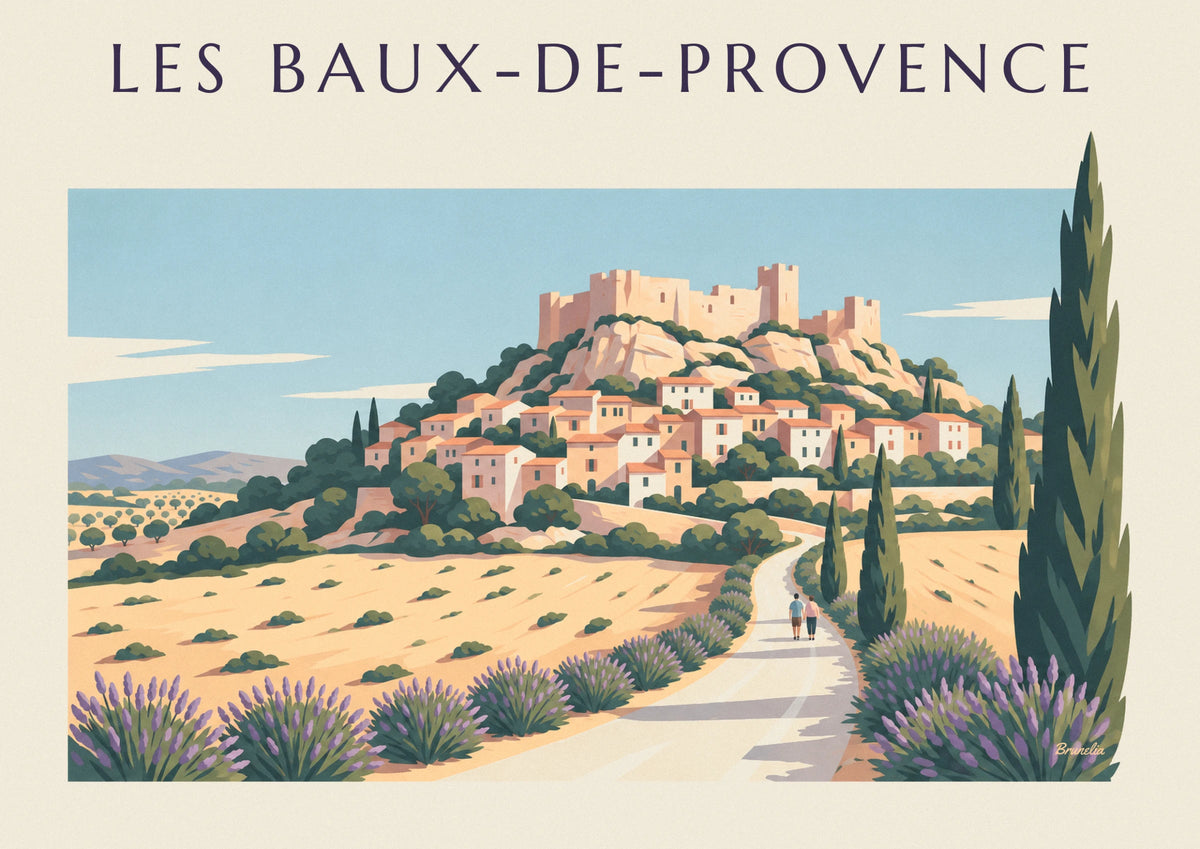 Les Baux-de-Provence village, lavender and cypress poster