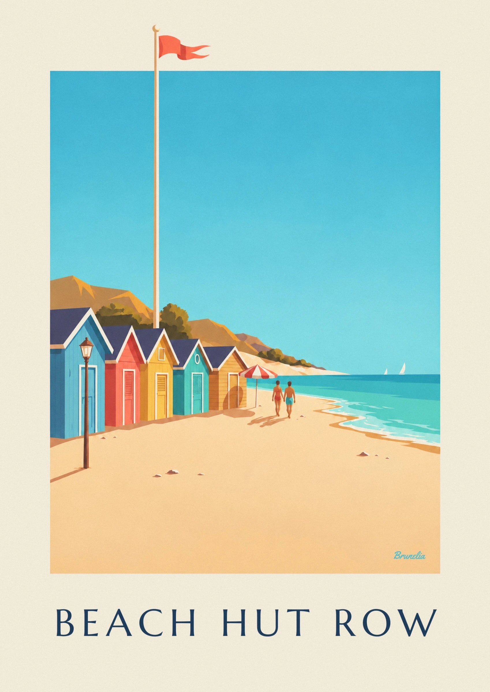 Les cabanes de plage bleue, rouge, jaune et turquoise derrière un réverbère