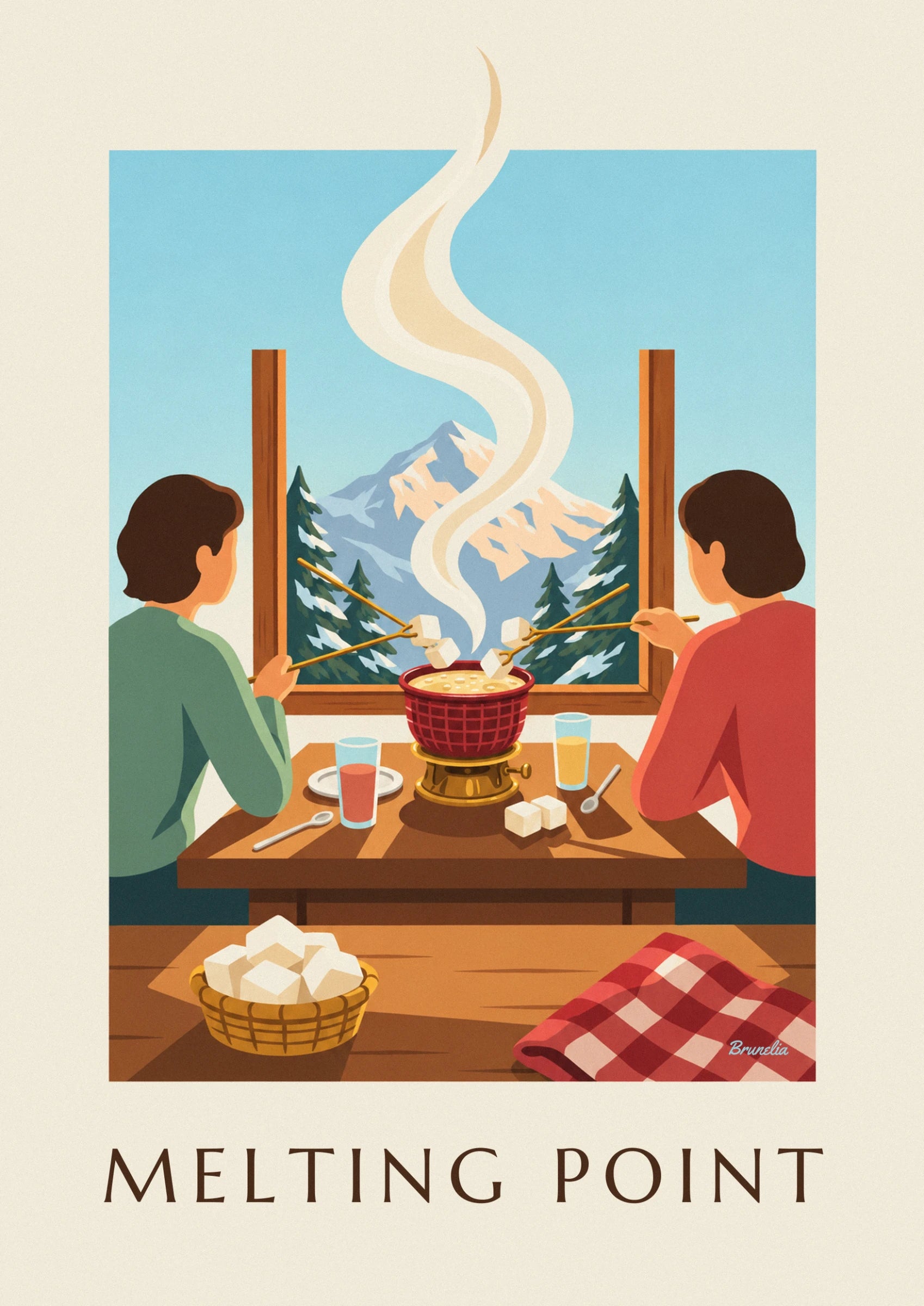 The red fondue pot on its golden burner, 4 cubes of bread on forks