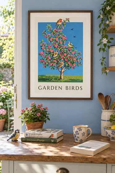 Poster of garden birds on a flowering apple tree: framed on the wall