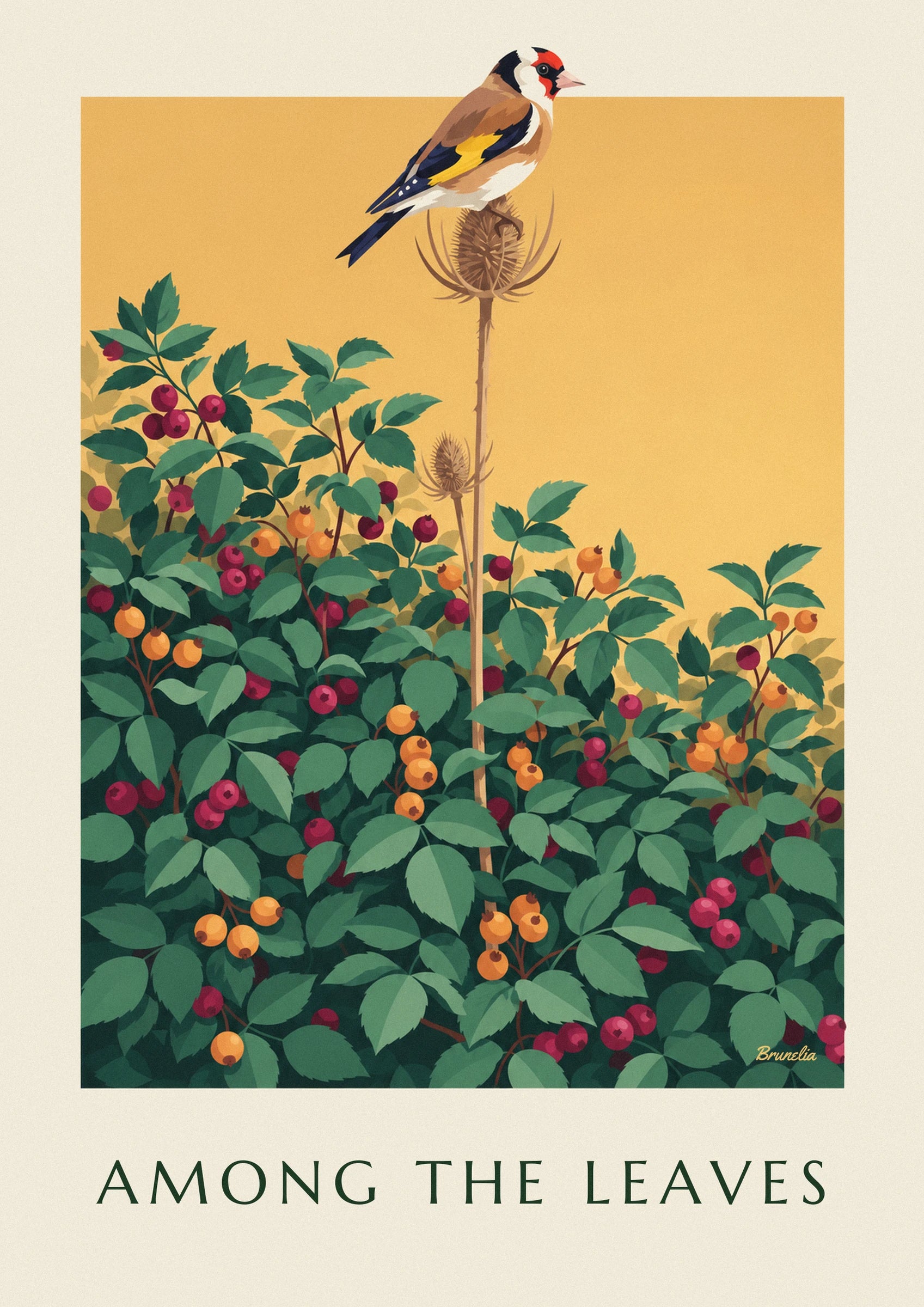 The goldfinch perched on a dried teasel, against a saffron yellow background