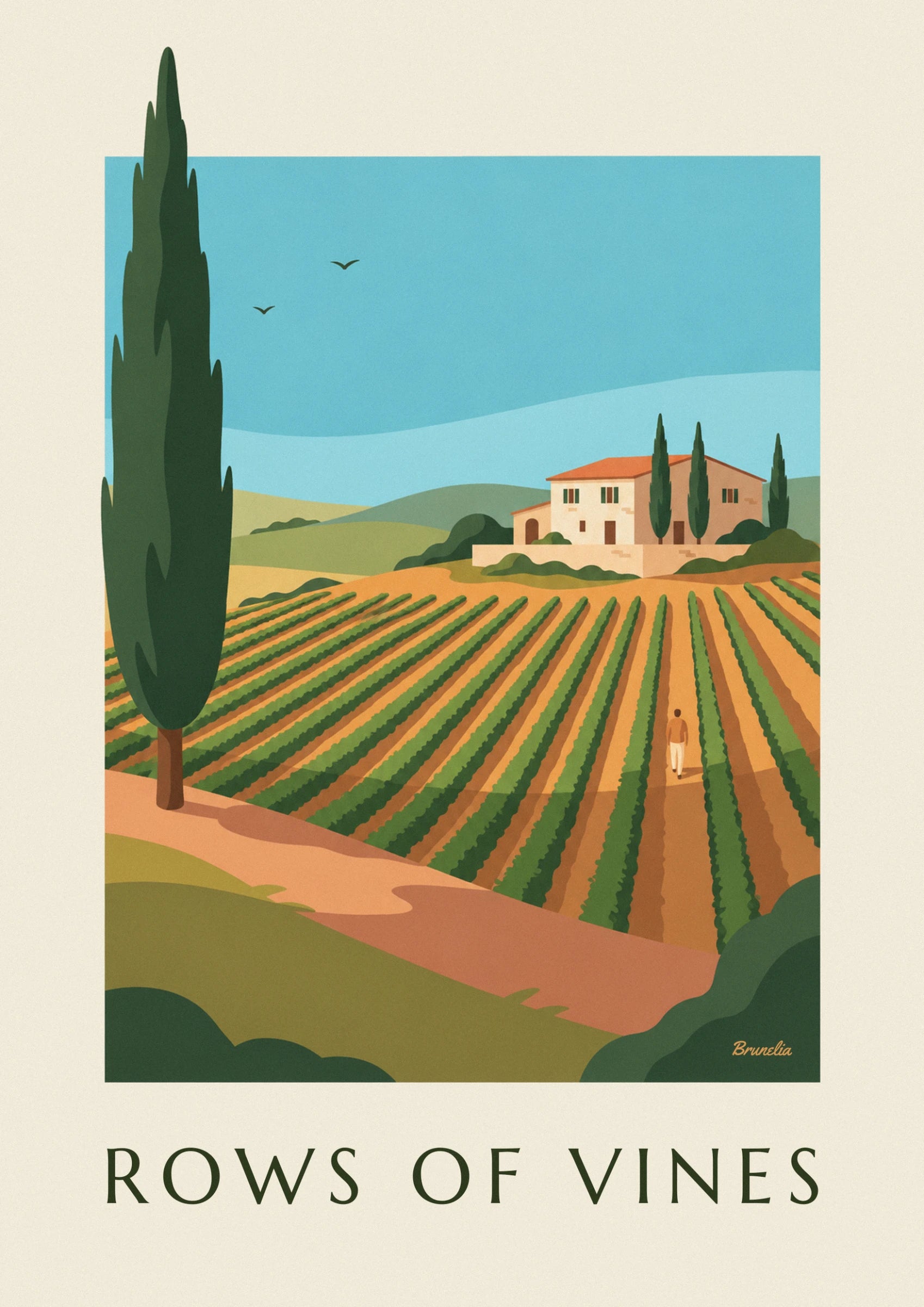 The farmhouse with green shutters and an orange roof, guarded by 3 cypress trees above the rows of vines