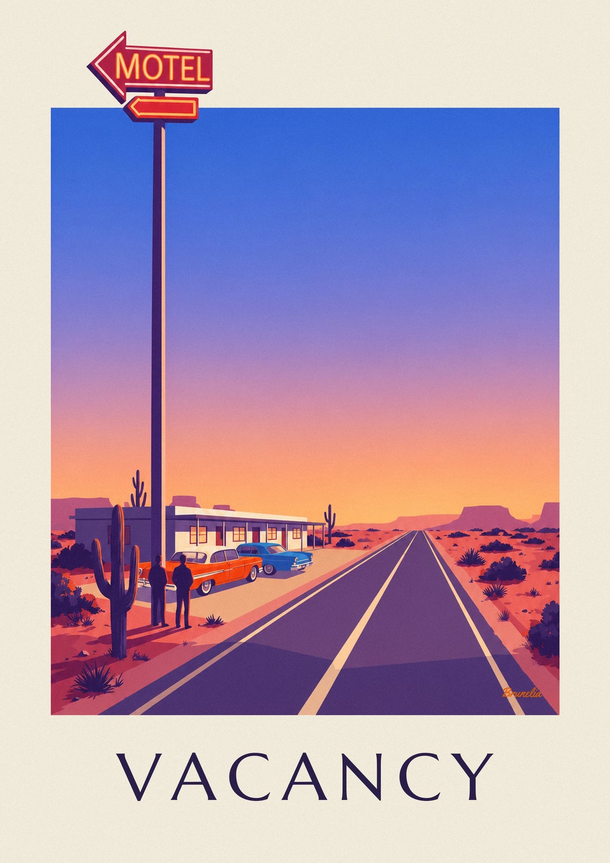 Desert roadside motel neon sign poster
