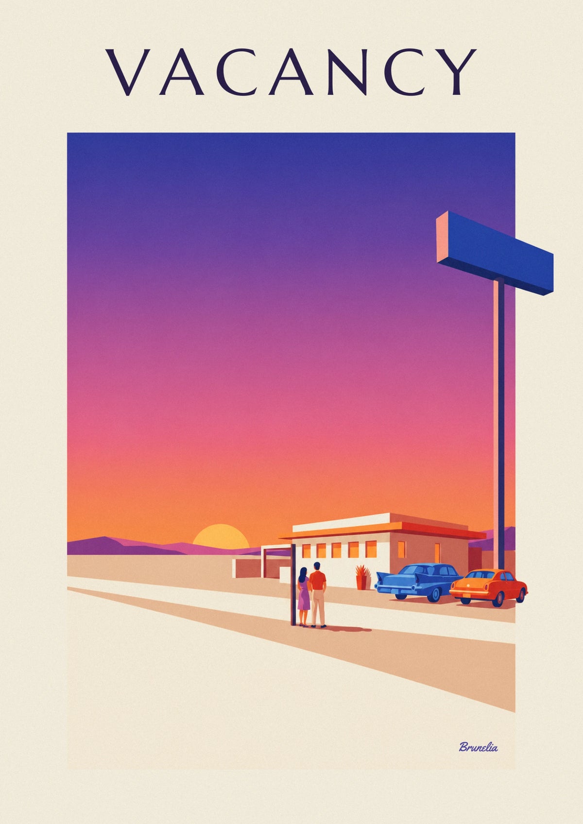 Desert roadside motel neon sign poster