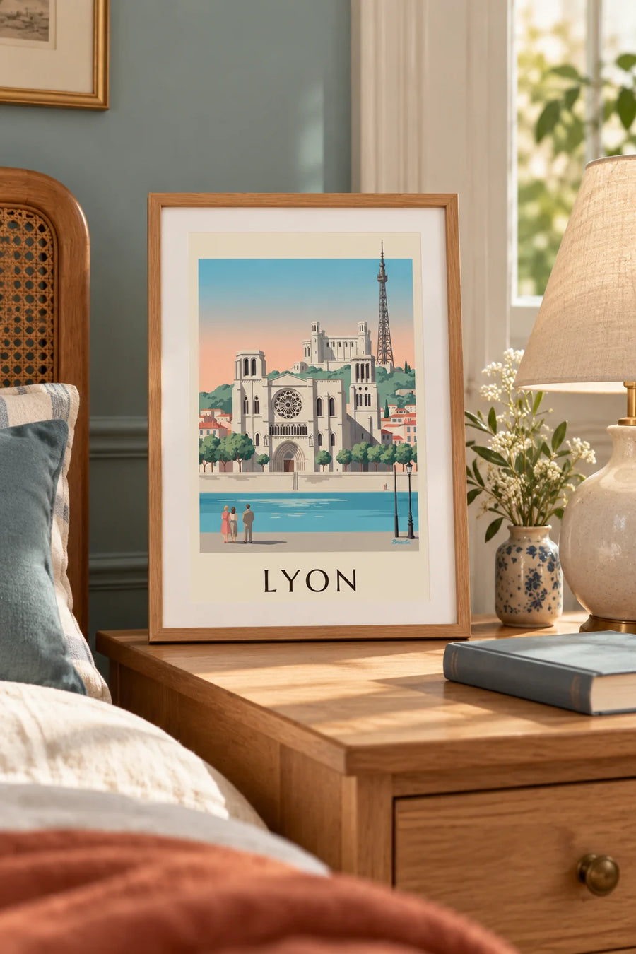 Plakat z katedrą Saint-Jean i nabrzeżami Saony w Lyonie: mały format A4 w ramce