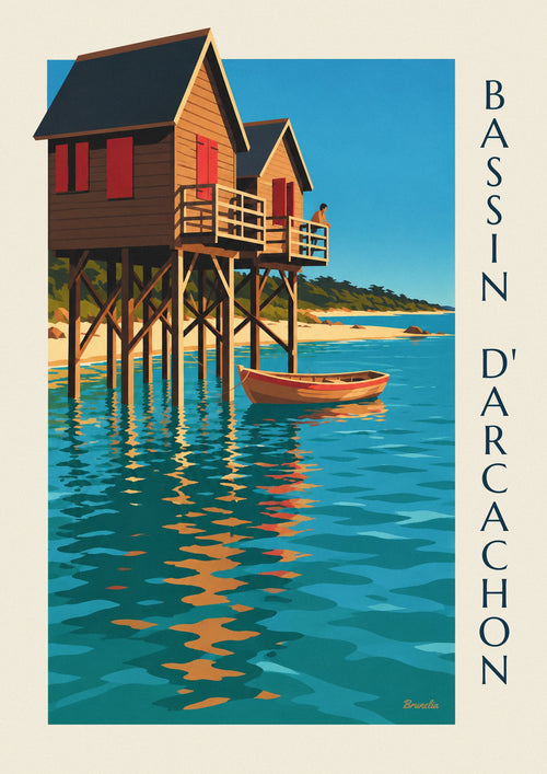Plakat domki na palach nad Zatoką Arcachon o zmierzchu: cały plakat