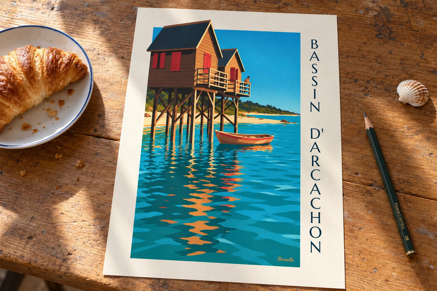 Plakat domki na palach nad Zatoką Arcachon o zmierzchu: na stole