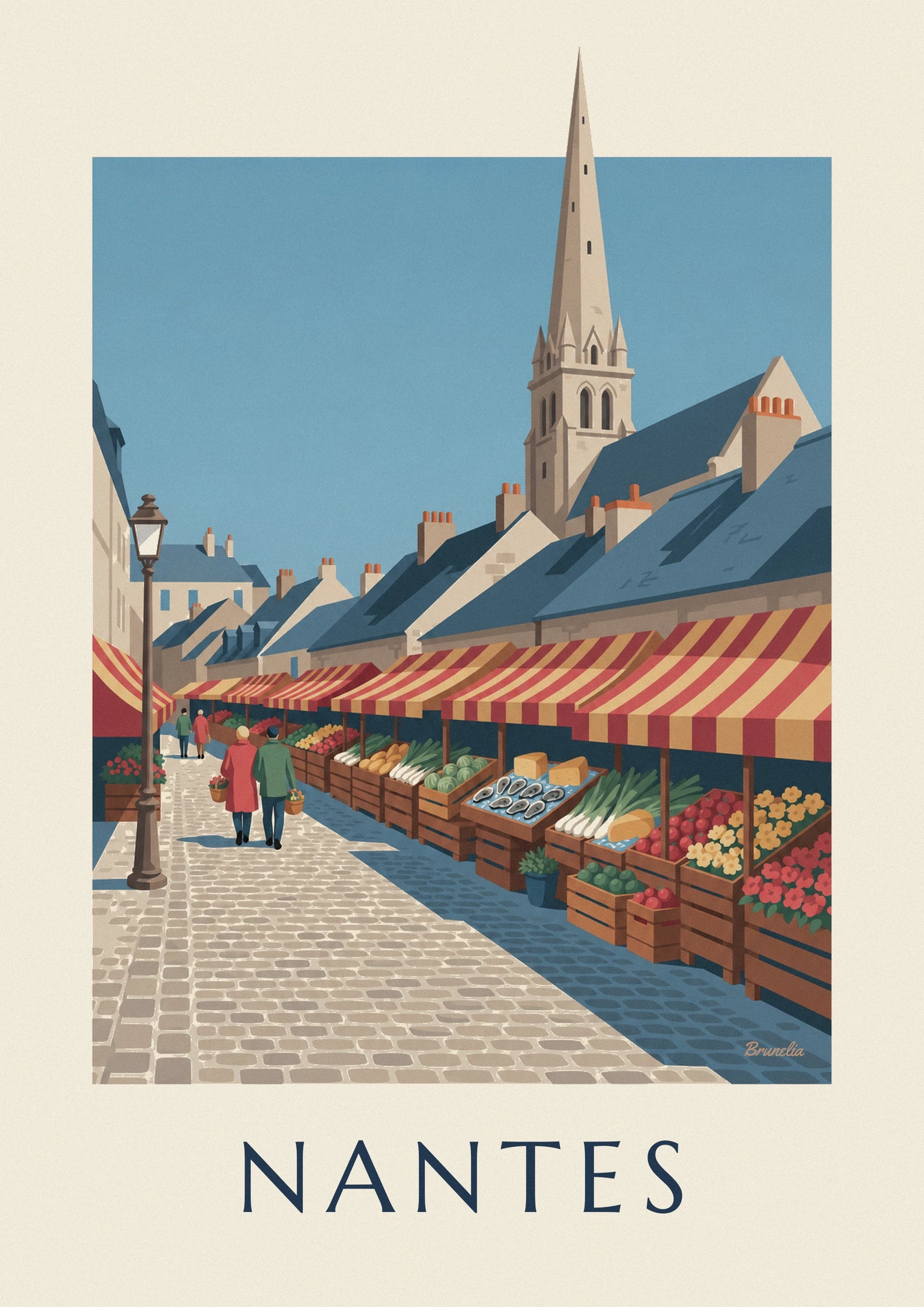 The slate roofs and red and yellow striped awnings above the stalls
