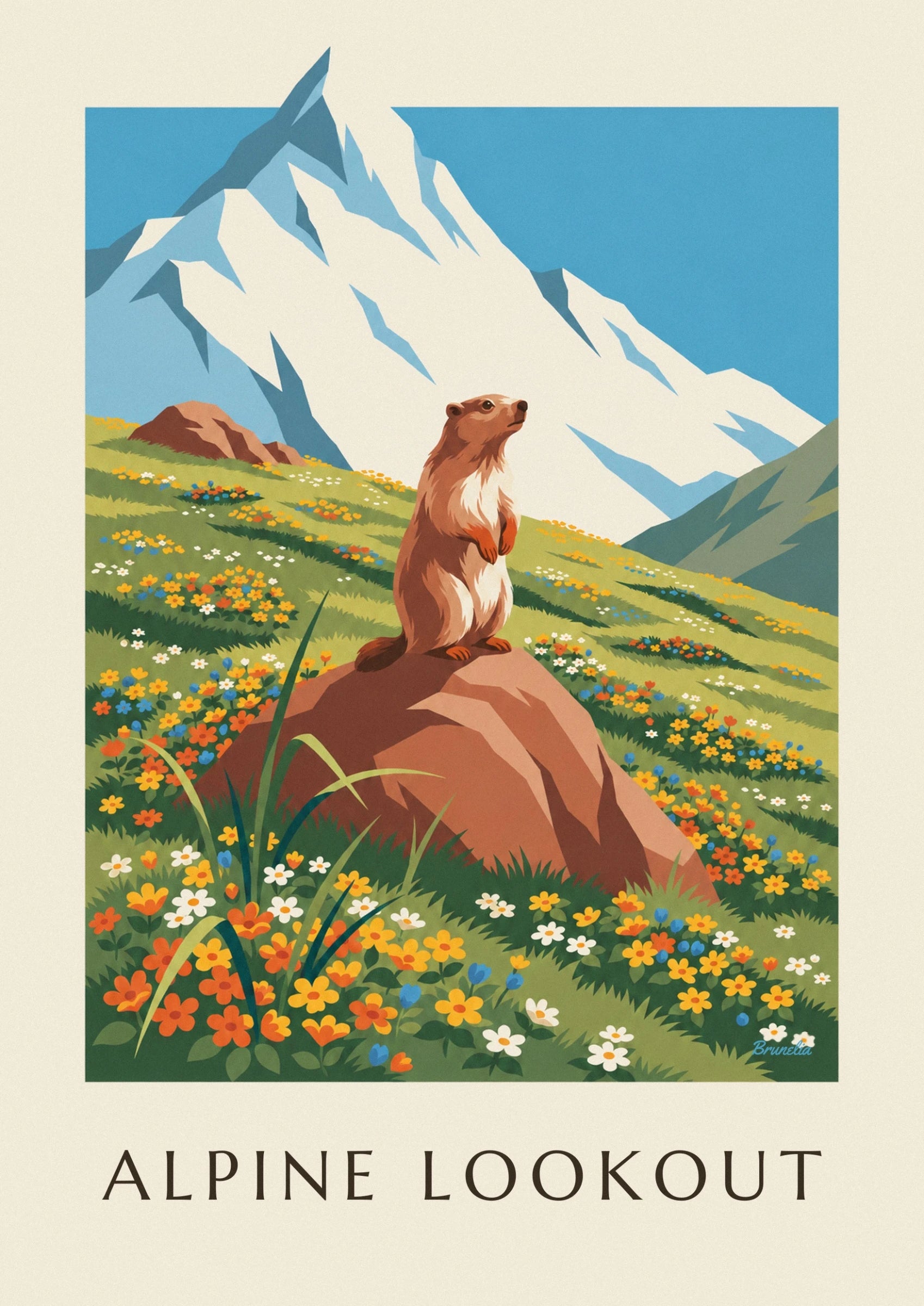 La marmotte au pelage brun et crème, dressée sur son rocher dans la prairie fleurie