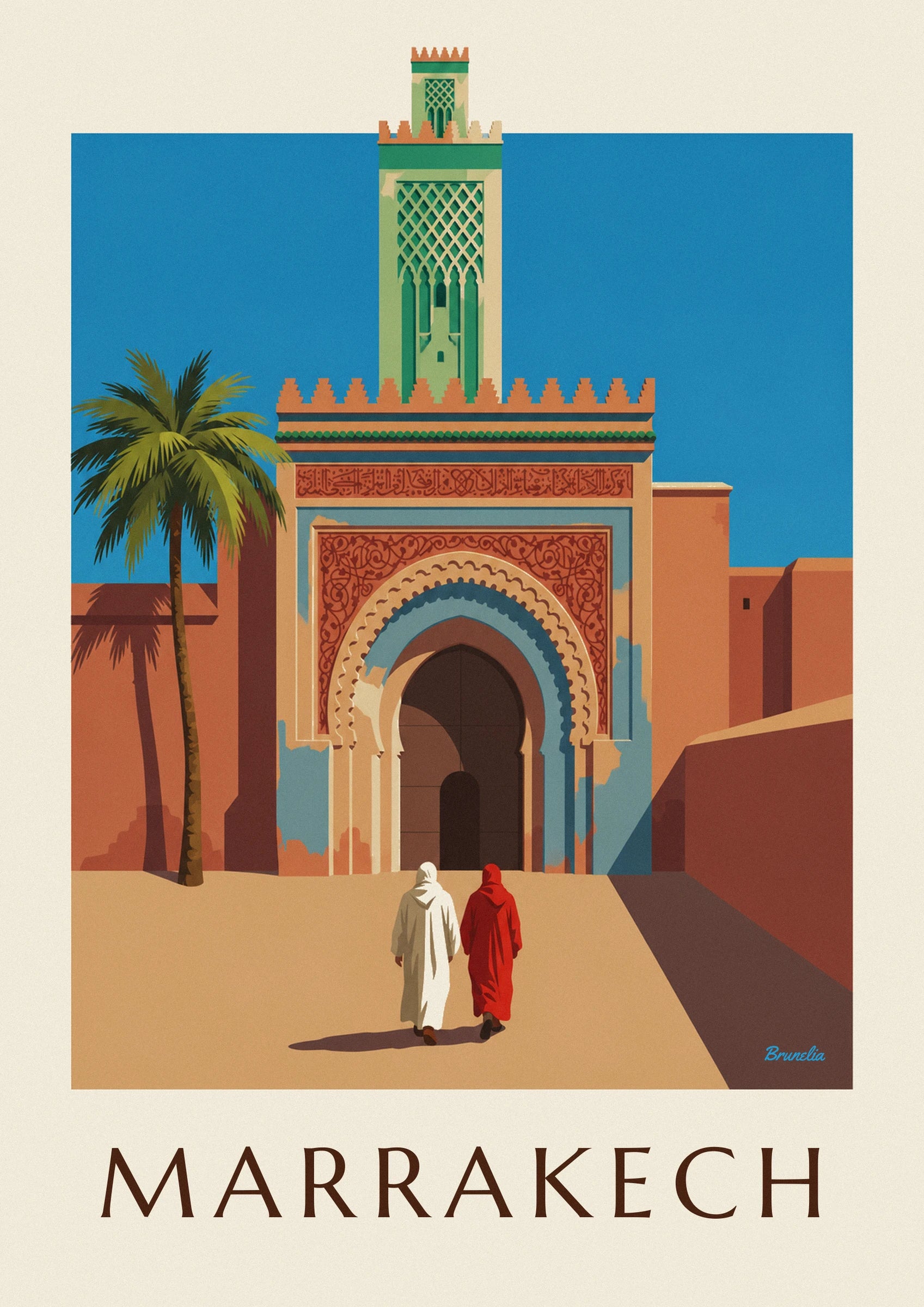 Bab Agnaou gate and minaret in Marrakech poster: close-up detail
