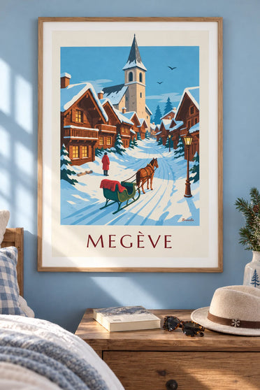 Plakat z saniami zaprzężonymi w konia na zaśnieżonej ulicy w Megève: w ramie na ścianie