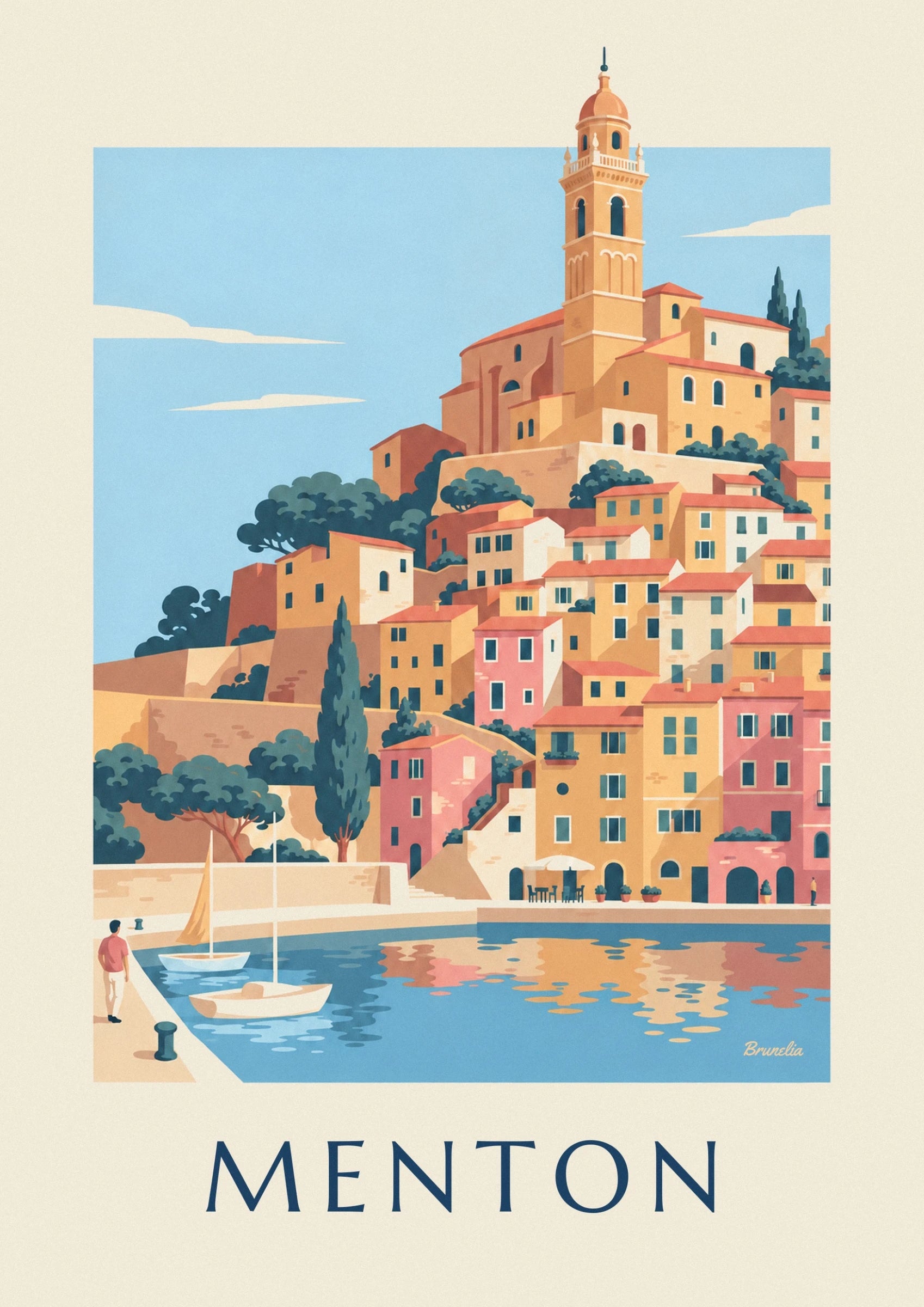 The ochre bell tower of the basilique Saint-Michel above the red rooftops of Menton