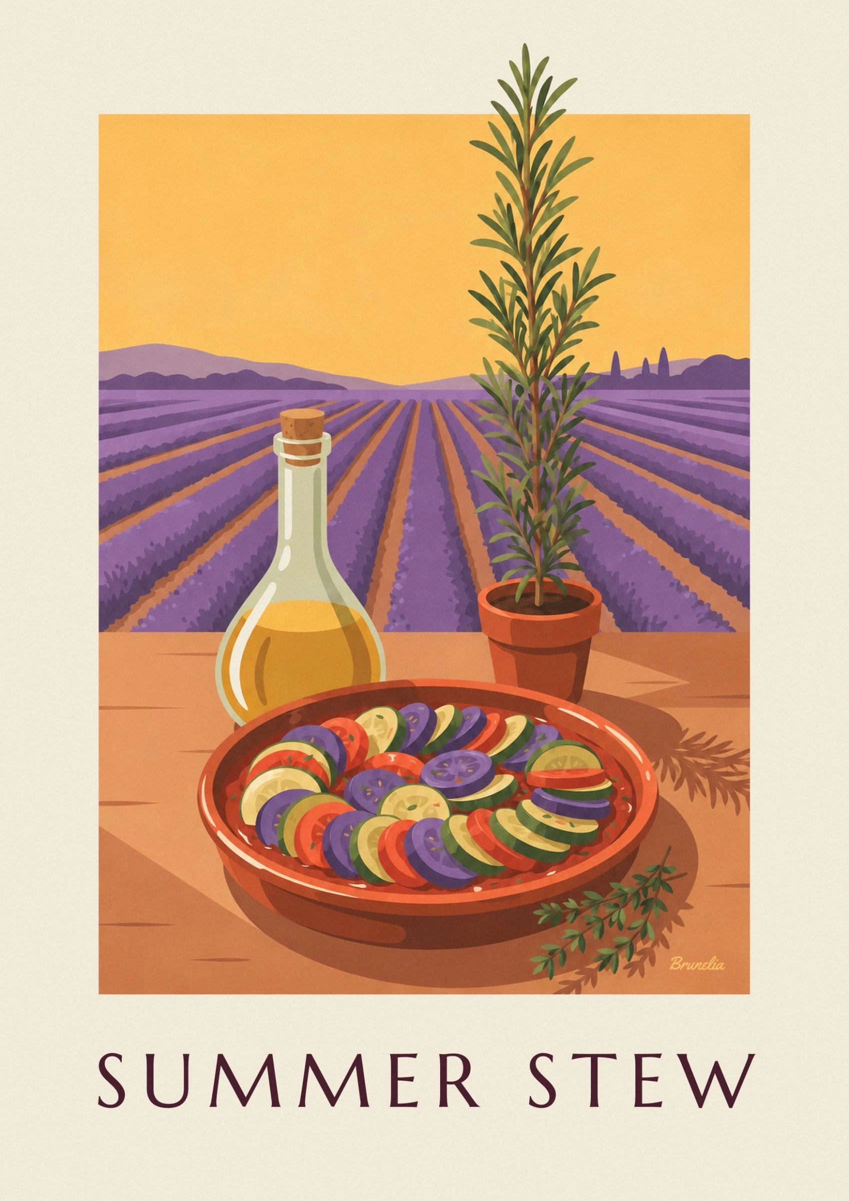 The ratatouille with colourful slices in its terracotta dish, beside the pot of herbs