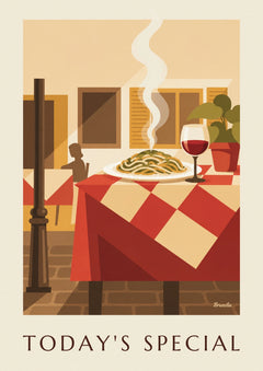 Plakat ze stolikiem na tarasie, spaghetti i lampką czerwonego wina