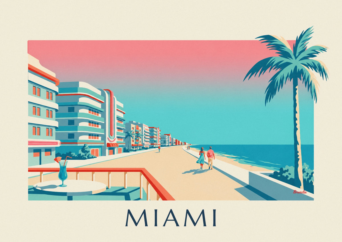 Miami Ocean Drive cocktail and palm trees poster