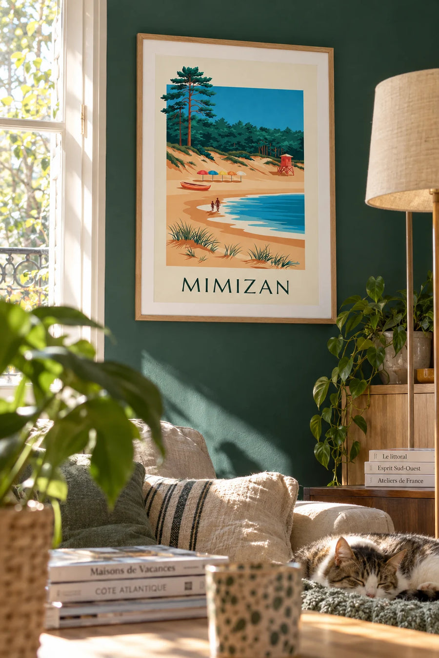 Poster of colorful parasols and a pine forest in Mimizan: framed on the wall